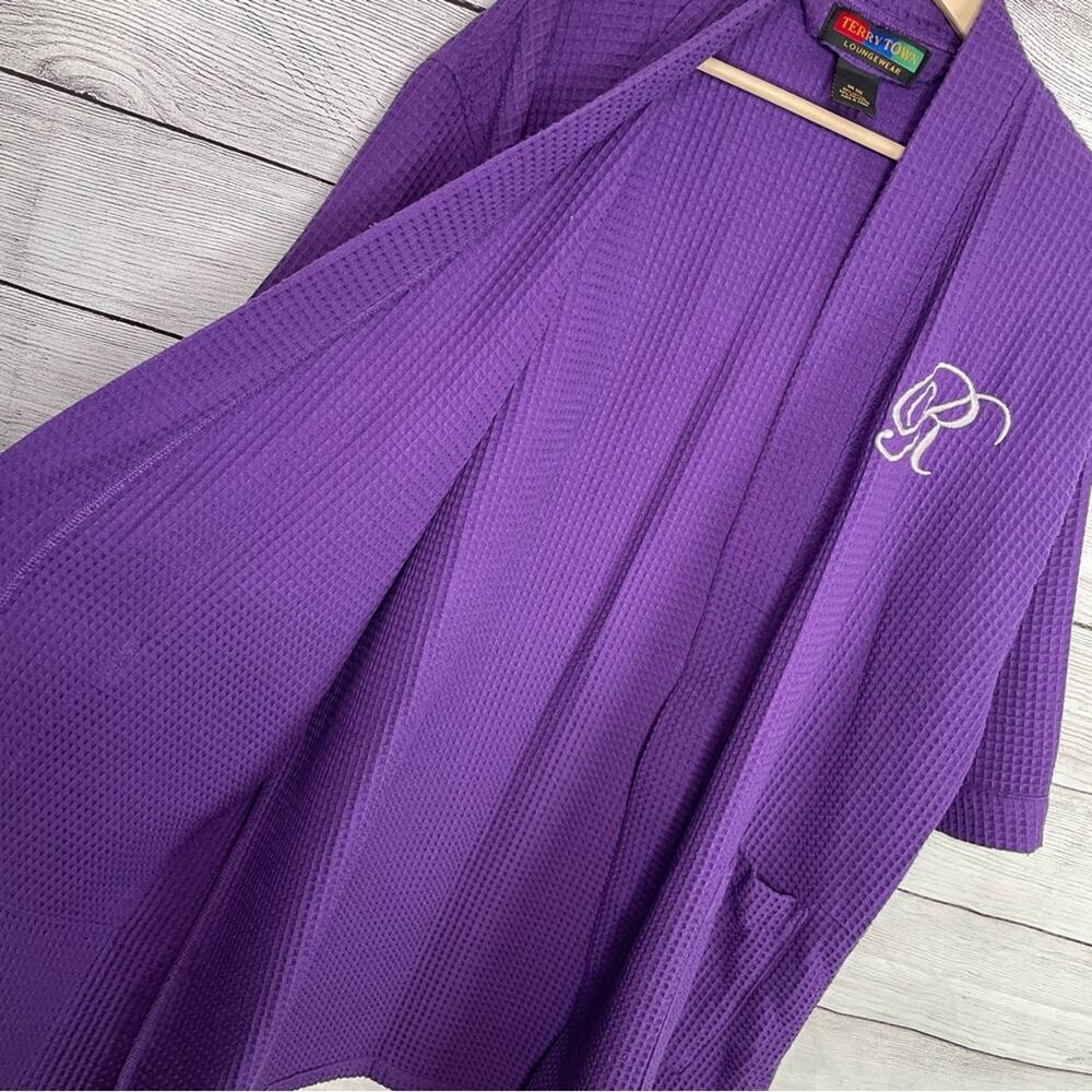 Terrytown R Initial Embroidered Purple Waffle Knit Robe OS * - Picture 5 of 7